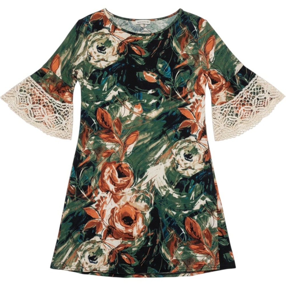Uncle Frank Shift Dress Womens XS Green Floral Excellent Lace Bell Sleeve Boho